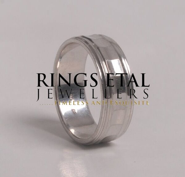 Silver wedding band Hexagonal center satin finished band